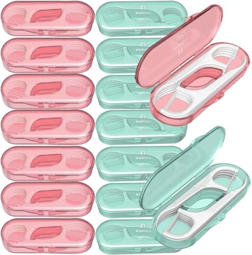 14 Packs Travel Dental Floss Pick Case, Holder, Come with 140pcs Premium QUALIALL Toothpick Flossers for Adults Teeth Cleaning, Sealed Portable Refillable, Green, Pink.