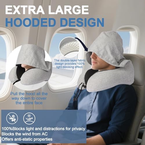 Travel Neck Pillow with 100% Light-Blocking Hood – Ergonomic Memory Foam Support Pillow for Airplane, Long Flights, Road Trips, Office and Car, Full Head and Neck Support with Skin-Friendly Cover - Image 2