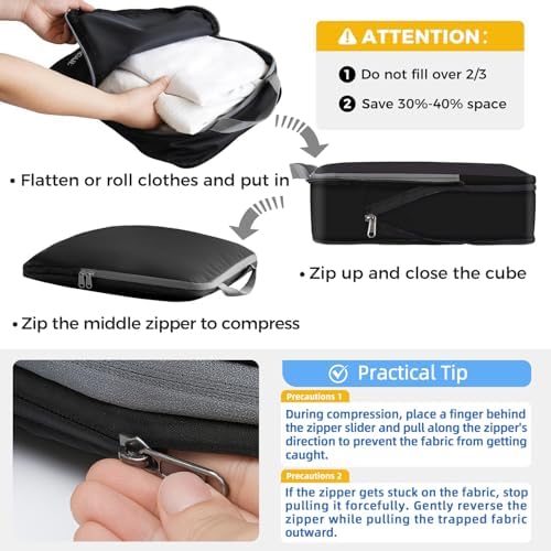BAGAIL 4 Set/6 Set/8 Set Compression Packing Cubes Travel Accessories Expandable Packing Organizers (Cloth Pattern, 4-Black) - Image 4
