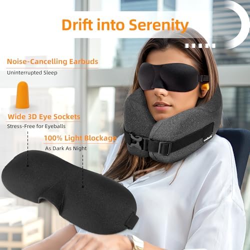 Neck Pillow Airplane Travel Set - Pure Memory Foam Travel Neck Pillow, Plane Pillow for Long Flights Essentials, Sleeping with 3D Contoured Eye Mask, Earplugs, Portable Bag (Darkgray-M) - Image 7