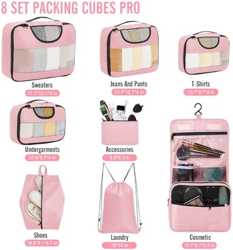 Veken 8 Set Packing Cubes for Travel Essentials, Pink Suitcase Organizer Bags in 4 Sizes, Carry-On Luggage Accessories with Large Laundry & Hanging Toiletry Bag, Must-Have for Airplane, Road Trip - Image 2