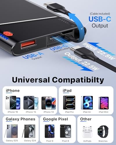 Portable Charger Power Bank, 10000mAh 22.5W PD Fast Charging Powerbank with Built-in USB C Cable, Slim External Phone Battery Pack for iPhone 17/16/15 Samsung S24 Android etc (Grey) - Image 6