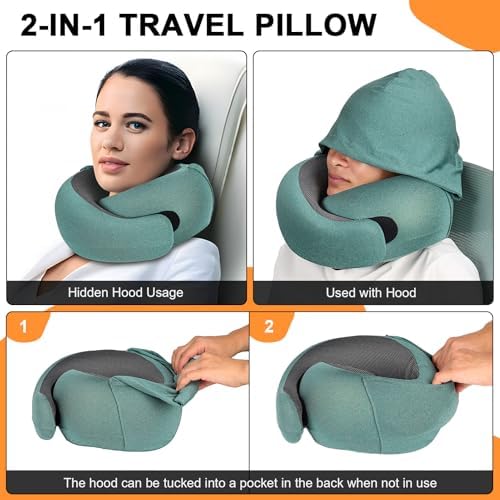 Travel Pillow - Hooded Neck Pillow Airplane Memory Foam Filling for Plane, Office, Cars Sleeping, Road Trip, Long Flights, Portable Plane Accessories, Includes Eye Mask & Earplugs (Green) - Image 3
