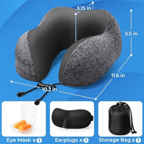 Travel Pillow, Travel Pillows for Sleeping Airplane, Removable Cover Neck Pillow with Adjustable Clasp, Memory Foam Neck Pillow Set with Eye Mask, Earplugs and Storage Bag (Dark Grey) - Image 4