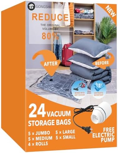 GONGSHI Vacuum Storage Bags, Space Saver Seal Bags For Clothing, Blankets, Comforters, Pillows, Clothes Storage,Travel Luggage,24 Combo-EPUMP