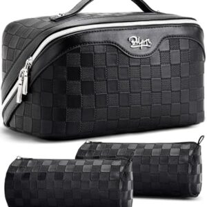 BOYATU Travel Makeup Bag Organizer Cosmetic Bag: 3 Pcs Set Large Capacity Make up Bag with Compartments - Waterproof Leather Toiletry Bags with Handle Travel Essentials Case Gifts for Women (01-Black)