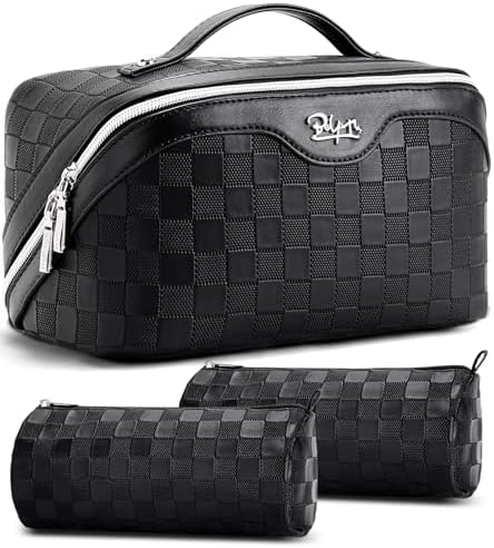 BOYATU Travel Makeup Bag Organizer Cosmetic Bag: 3 Pcs Set Large Capacity Make up Bag with Compartments - Waterproof Leather Toiletry Bags with Handle Travel Essentials Case Gifts for Women (01-Black)