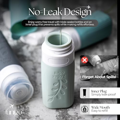 unigo 30 PACK Travel Bottles Set for Toiletries - Leakproof Refillable Travel Size Containers, TSA Approved Bottles with Labels, Brush & Covers for Carry-On Travel - Image 4