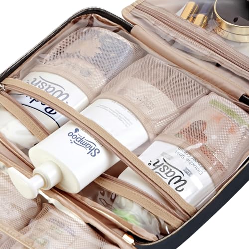 NISHEL Travel Toiletry Bag for women, Portable Hanging Organizer for Full-Sized Shampoo, Conditioner, Brushes Set, Makeup Accessories, Large Size, Black - Image 6