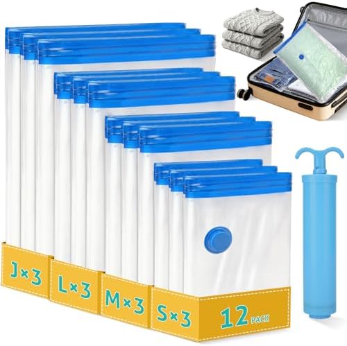 12 Pack Travel Vacuum Storage Bags 4 Size(24/28/32/40 Inch), Portable Vacuum Seal Bags for Clothing Travel with Pump, Space Saver Bag for Luggage Suitcases Clothes Bedding Seasonal Storage