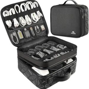 MATEIN Cable Organizer Bag, Waterproof Travel Electronic Storage, Shockproof Portable Double Layer Tech Bags Carrying Case for Cord, Earbuds, Charger, SD Card, DJ Gifts, Black