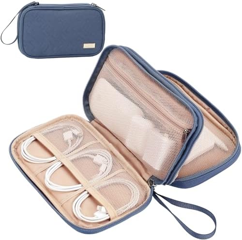 NISHEL Travel Cord Organizer Case, Double Layers Tech Electronic Bag, Essentials for Charger, Cable, Phone, Flash drive, Medium, Aegean-Blue