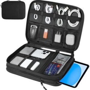 Dadanism Electronics Travel Organizer Case, Double Layers Cord Organizer Travel All-in-One Storage Bag for Cable, Cord, iPad, Chargers, fits 9-11'' Tablets, Portable Tech Accessories Bag, Black