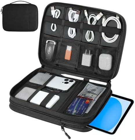 Dadanism Electronics Travel Organizer Case, Double Layers Cord Organizer Travel All-in-One Storage Bag for Cable, Cord, iPad, Chargers, fits 9-11'' Tablets, Portable Tech Accessories Bag, Black