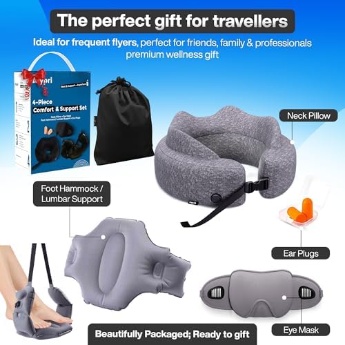 4-in-1 Travel Comfort Set – Inflatable Neck Pillow, Convertible Lumbar Support & Foot Hammock, 3D Sleep Mask & Ear Plugs – Complete Comfort Kit for Airplane, Office & Car – Gift-Ready (Gray) - Image 2