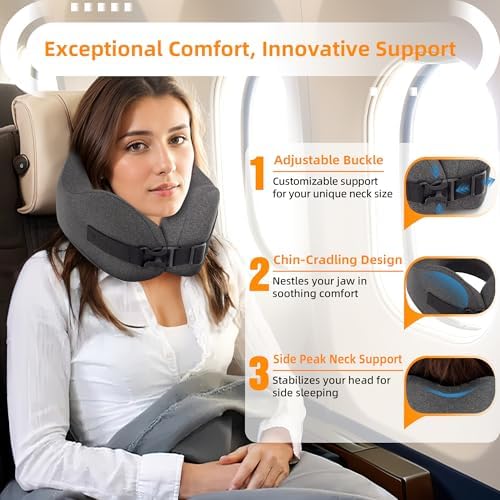 Neck Pillow Airplane Travel Set - Pure Memory Foam Travel Neck Pillow, Plane Pillow for Long Flights Essentials, Sleeping with 3D Contoured Eye Mask, Earplugs, Portable Bag (Darkgray-M) - Image 2