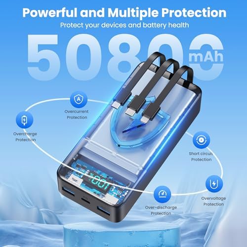 Portable Charger 50800mAh Power Bank with 3 Built in Cables,25W PD QC4.0 Fast Charging USB C Battery Pack,6 Outputs 2 Inputs Travel Essentials Portable Phone Charger for iPhone 17/16/15,Google,Android - Image 6