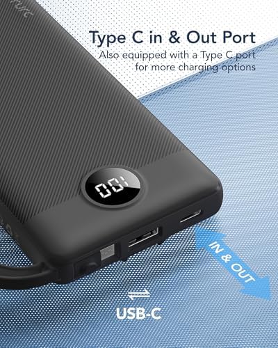 VRURC Portable Charger with Built in Cables, Slim Power Bank 10000mAh, USB C Travel Battery Pack, 5 Output 2 Input External Charging Bank for iPhone 17 16 15 14 13,Samsung,Android-Black(1 Pack) - Image 6