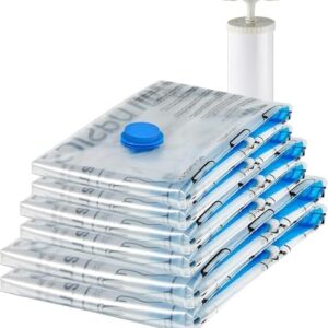 Amazon Basics Vacuum Storage Bags for Clothing, Multiple Sizes Compression Zipper Bags with Hand Pump for Space Saving and Travel, 6-Pack (2 Medium, 2 Large, 2 Jumbo), Transparent