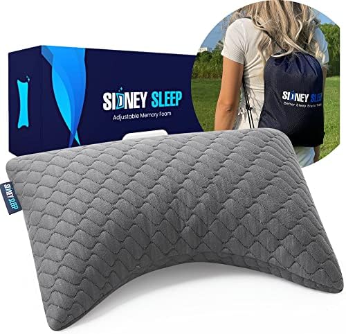 Sidney Sleep Mini Travel Size Neck Pillow - Knee, Back Lumbar and Support - Small Curved Pillow - 14 x 19 Inches - Adjustable Loft - Washable - Drawstring Backpack Included (Mini - Grey)