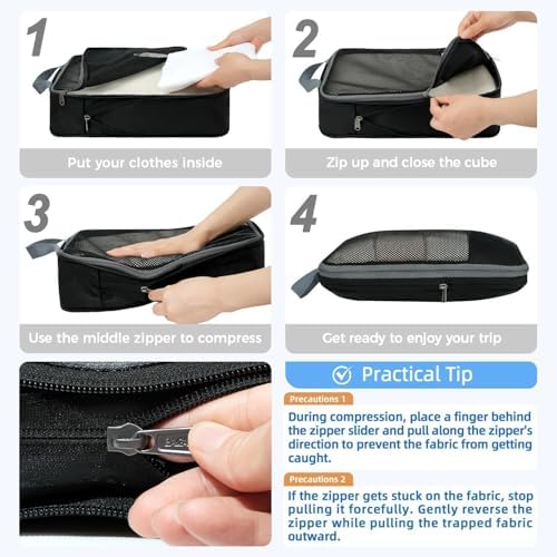 BAGAIL 4 Set/6 Set/8 Set Compression Packing Cubes Travel Accessories Expandable Packing Organizers (Half Mesh, 6-Black) - Image 3