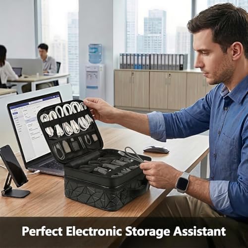 MATEIN Cable Organizer Bag, Waterproof Travel Electronic Storage, Shockproof Portable Double Layer Tech Bags Carrying Case for Cord, Earbuds, Charger, SD Card, DJ Gifts, Black - Image 3