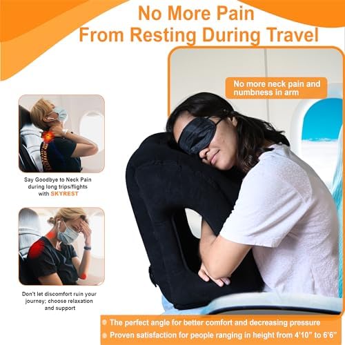 Inflatable Travel Pillow - Airplane Pillow for Neck Support on Long Flights, Buses, Cars, Office & Trains - Comes with Eye Mask, Earplugs & Portable Drawstring Bag - Black - Image 6