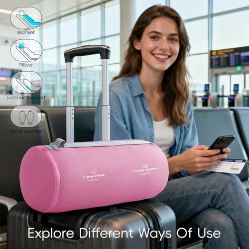 4-in-1 Travel Pillow & Blanket Set with Eye Mask, Memory Foam Neck Support, 50x65 Inch Blanket, Storage Bag for Airplane, Car, Train, Home Travel Pink - Image 7