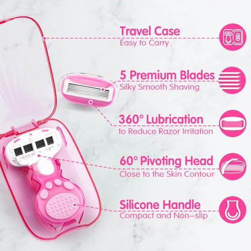 DreamGenius Travel Razors for Women, Travel Size Toiletries Include 1 Handle and 2 Cartridges, Extra Smooth 5-Blade Travel Essentials Razor with Case for Shaving, Pink - Image 4