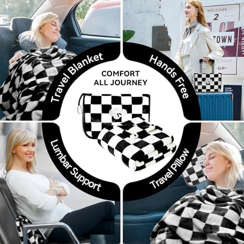 Travel Blanket and Pillow Compact, Premium Soft 2 in 1 Airplane Blanket with Soft Bag Pillowcase，Hand Luggage Sleeve and Backpack Clip (Checkered Black) - Image 7
