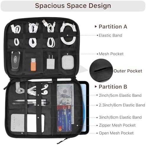 Dadanism Electronics Travel Organizer Case, Double Layers Cord Organizer Travel All-in-One Storage Bag for Cable, Cord, iPad, Chargers, fits 9-11'' Tablets, Portable Tech Accessories Bag, Black - Image 5