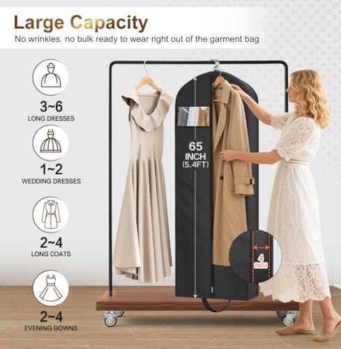 MISSLO 65" Long Garment Bags for Travel for Women 4" Gusseted Dress Bags for Gowns Waterproof Dress Protector Bag for Closet Storage Clothing Covers for Hanging Clothes Wedding Dresses Storage - Image 3