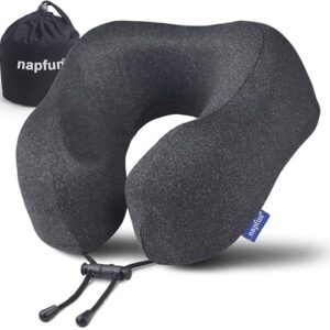 napfun Neck Pillow for Traveling, Upgraded Travel Neck Pillow for Airplane 100% Pure Memory Foam Travel Pillow for Flight Headrest Sleep, Portable Plane Accessories, Full Black