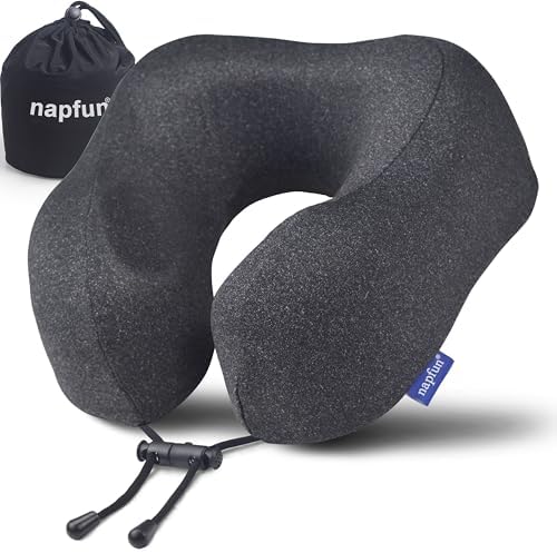 napfun Neck Pillow for Traveling, Upgraded Travel Neck Pillow for Airplane 100% Pure Memory Foam Travel Pillow for Flight Headrest Sleep, Portable Plane Accessories, Full Black