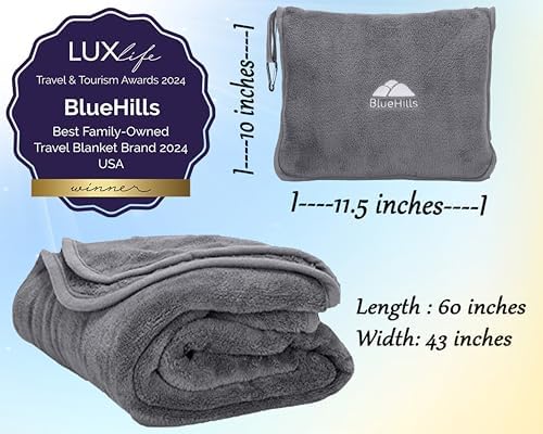 BlueHills Premium Soft Travel Blanket Pillow Airplane Flight Blanket Throw Bag Pillowcase Compact Large 2 in 1 Combo Warm Traveling Plane Essentials Portable Gifts Lightweight Grey Gray T007 - Image 3
