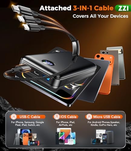 Portable Charger Power Bank, 60000mAh Battery Pack with 3 in 1 USB-C/iOS/Micro-USB Cable, 22.5W Fast Charging Portable Phone Charger, Travel Camping Essential Powerbank for iPhone 17/16 Samsung,Ebony - Image 3