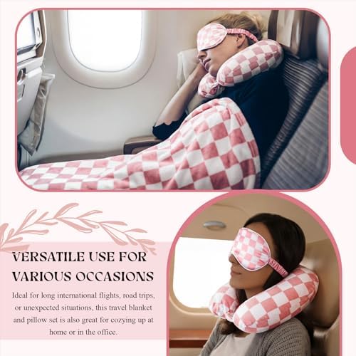 5 Pcs Travel Pillow and Blanket Set, 5 in 1 Travel Airplane Compact Includes 40 x 60 Inch Throw Blanket Eye Mask Neck Pillow Earplug and Bag Gifts for Travelers Women(Checkered,Pink) - Image 7