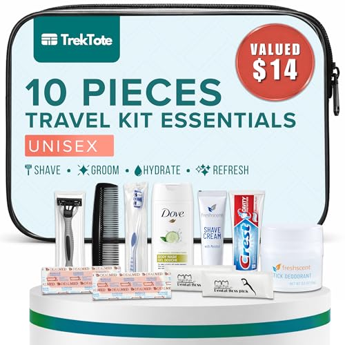 Trektote 10 Piece Travel Hygiene Kit with Toiletries & Dental Essentials, TSA-Compliant, Clear Cosmetic Bag, Single or Bulk Packs