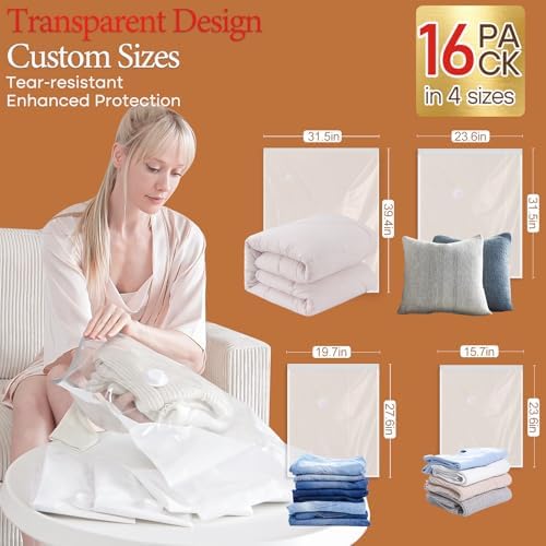 Vacuum Seal Bags for Clothing, 16 Pack Vacuum Storage Bags with Rechargeable Cordless Air Pump(4J+4L+4M+4S), Space Saver Bags for Clothes Blanket Duvets Pillows Comforters Travel - Image 2