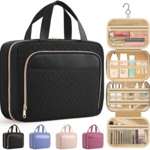 HOTOR Travel Toiletry Bag for Women & Men, Waterproof Makeup Bag with Hanging Hook and Multiple Pockets, Cosmetic Bags for Women, Travel Essentials, 11.2'' x 3.2'' x 8.9'', Black