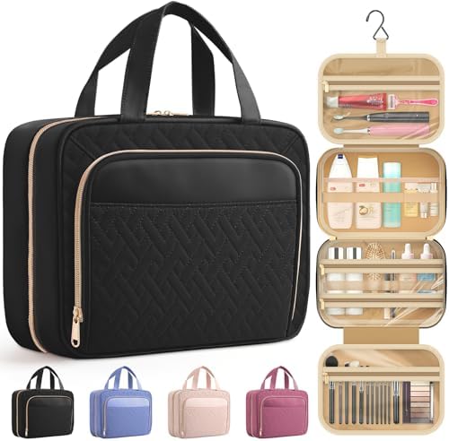 HOTOR Travel Toiletry Bag for Women & Men, Waterproof Makeup Bag with Hanging Hook and Multiple Pockets, Cosmetic Bags for Women, Travel Essentials, 11.2'' x 3.2'' x 8.9'', Black