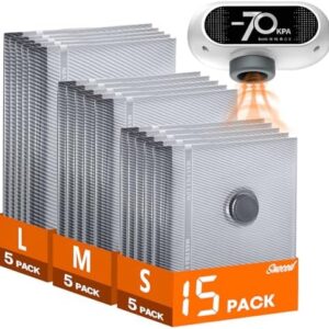 15 Pack Vacuum Seal Bags for Clothing Travel with -70KPa Electric Pump, Space Saver Storage, Reusable Vacuum Bags with Pump, Heavy Duty for Travel, White