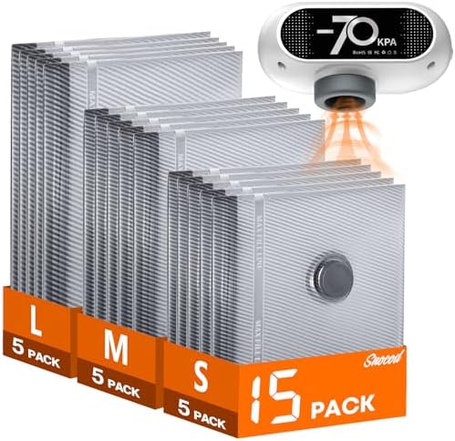 15 Pack Vacuum Seal Bags for Clothing Travel with -70KPa Electric Pump, Space Saver Storage, Reusable Vacuum Bags with Pump, Heavy Duty for Travel, White