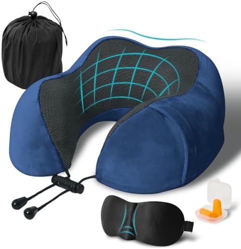 Travel Pillow, Memory Foam Neck Pillow for Traveling, U Shape Neck Pillow Airplane Portable Flight Pillow Travel Kit with 5D Contoured Eye Masks and Earplug for Plane Train Car Home Office - Blue