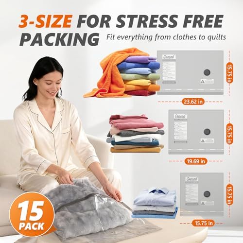 15 Pack Vacuum Seal Bags for Clothing Travel with -70KPa Electric Pump, Space Saver Storage, Reusable Vacuum Bags with Pump, Heavy Duty for Travel, White - Image 4