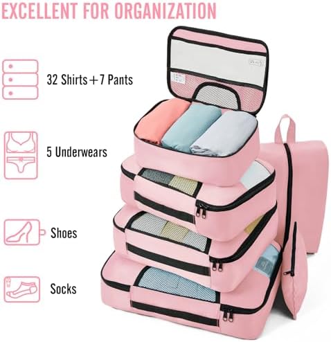 Veken 8 Set Packing Cubes for Travel Essentials, Pink Suitcase Organizer Bags in 4 Sizes, Carry-On Luggage Accessories with Large Laundry & Hanging Toiletry Bag, Must-Have for Airplane, Road Trip - Image 5