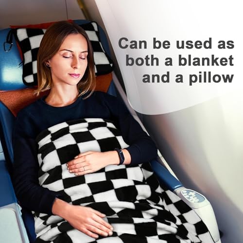 Travel Blanket and Pillow Compact, Premium Soft 2 in 1 Airplane Blanket with Soft Bag Pillowcase，Hand Luggage Sleeve and Backpack Clip (Checkered Black) - Image 6