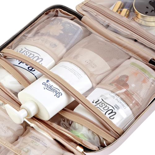 NISHEL Travel Toiletry Bag for women, Portable Hanging Organizer for Full-Sized Shampoo, Conditioner, Brushes Set, Makeup Accessories, Large Size, Pink - Image 6