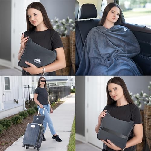 BlueHills Premium Soft Travel Blanket Pillow Airplane Flight Blanket Throw Bag Pillowcase Compact Large 2 in 1 Combo Warm Traveling Plane Essentials Portable Gifts Lightweight Grey Gray T007 - Image 2