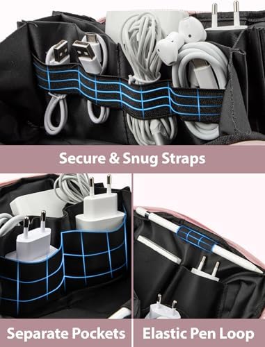 iMangoo Tech Organizer Travel Case 150° Open Large Storage Pouch Purse for Women Zipper Waterproof Bag Power Bank Portable Charger Cable Cord Electronics Accessories Trip Travel Essentials Bags Pink - Image 4